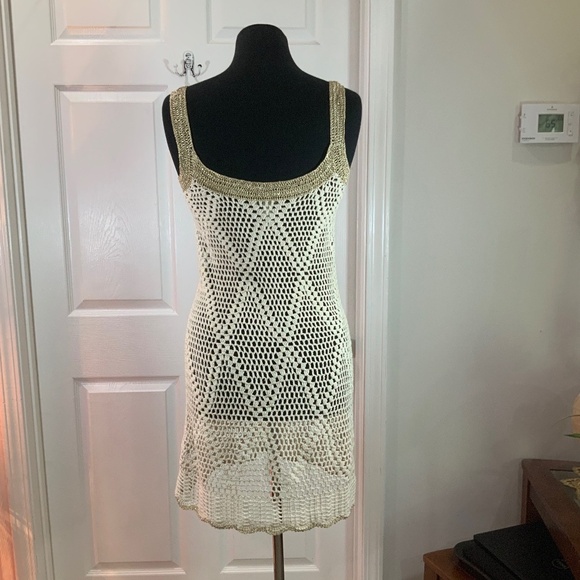 Boston Proper Gold Metallic Crochet Fishnet Ivory Boho Tank Mini Dress Size 2 - Picture 5 of 9
